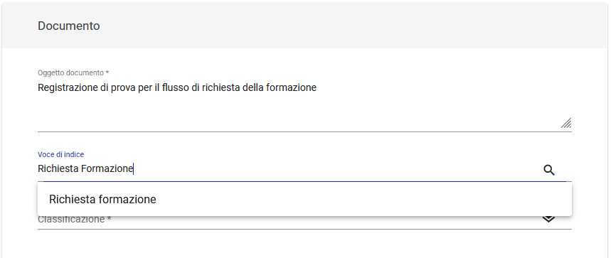 Richiesta formazione: selezione voce di indice Richiesta formazione: selezione voce di indice