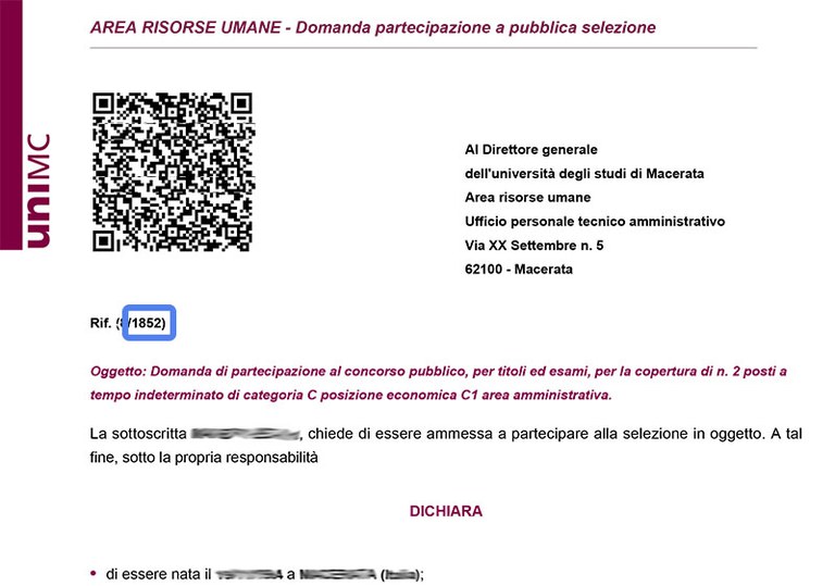 Individuazione del codice associato al candidato posizionato al disotto del QR Code della domanda di partecipazione al concorso